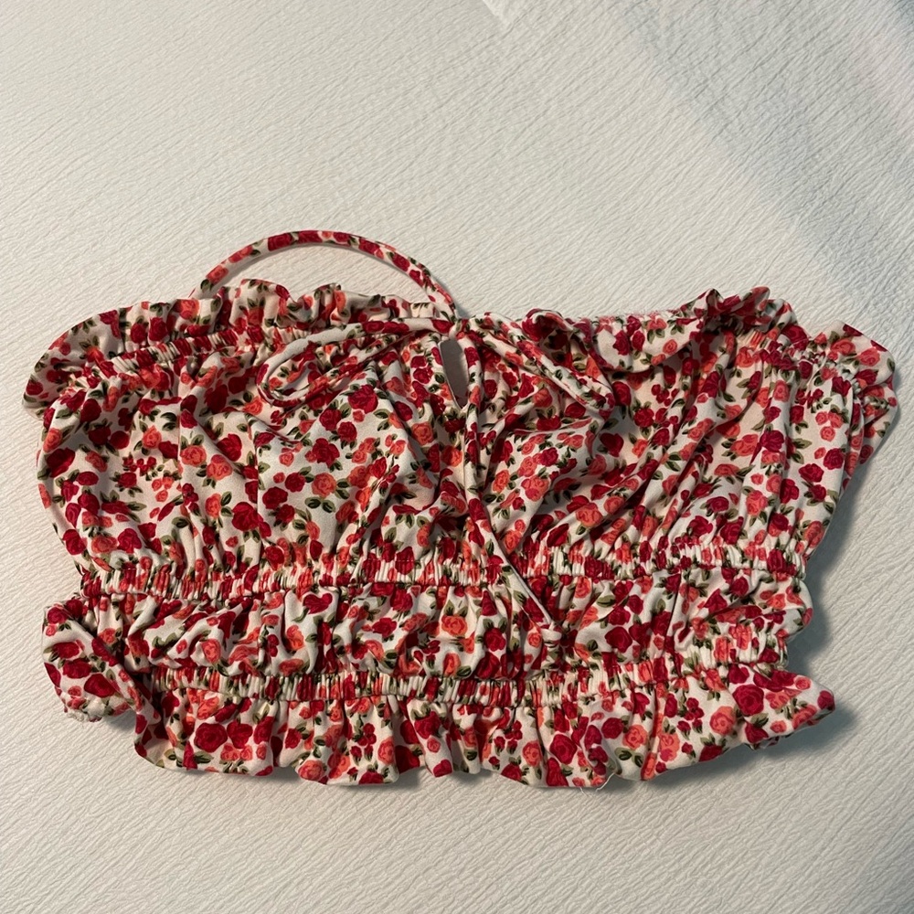 Urban Outfitters red floral smocked bow tie tube top size S